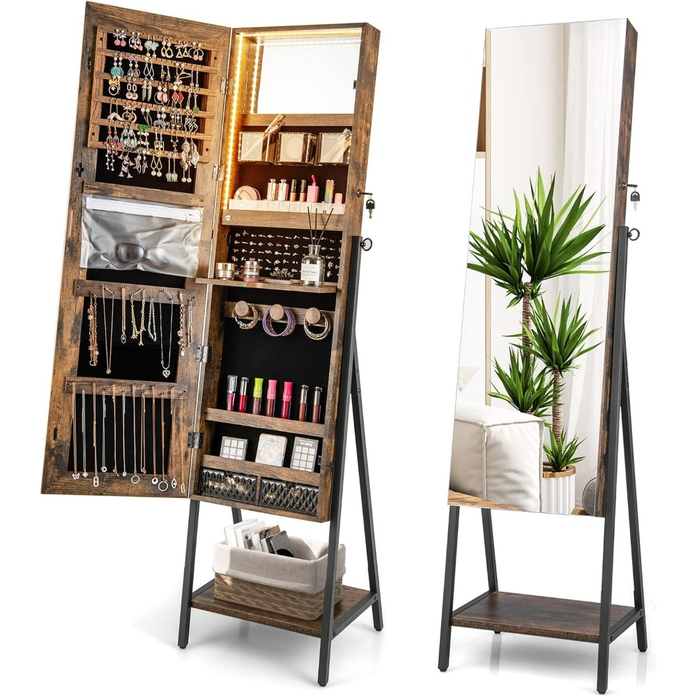 Full Length Mirror Jewelry Armoire - CHARMAID Stehender Schmuckschrank mit Ganzkörperspiegel Abschließbarer