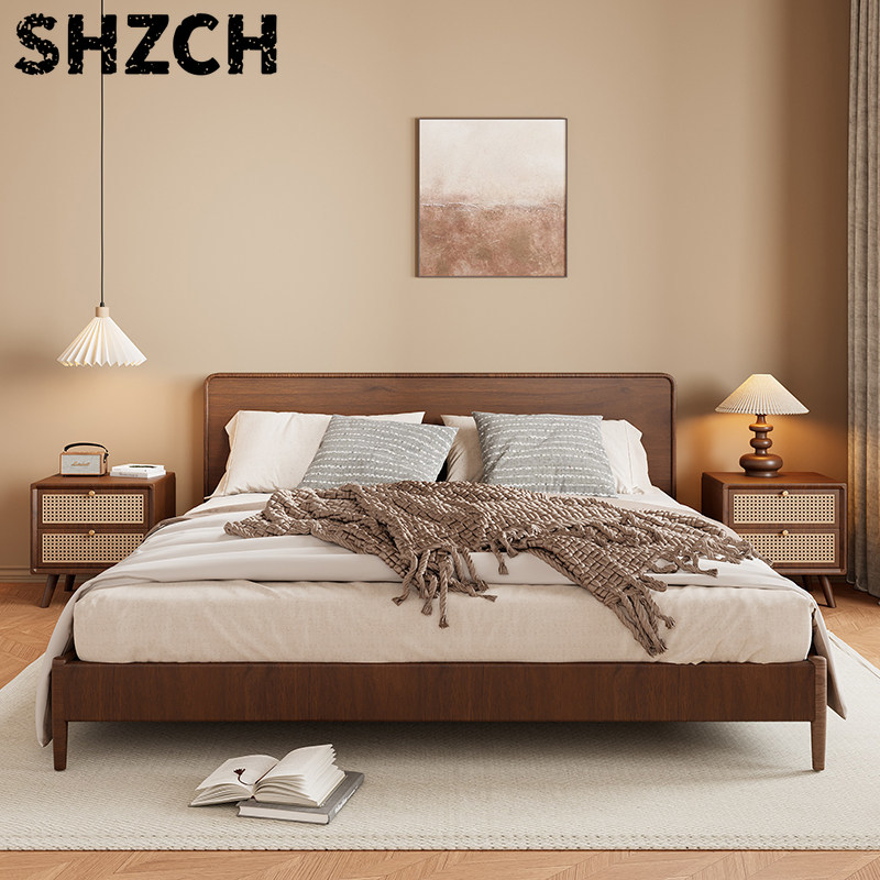 Solid Wood Nightstand 2 Drawers - Massivholz-Nachttisch mit Geflochtenen Rattanschubladen Walnuss-Beistelltisch für