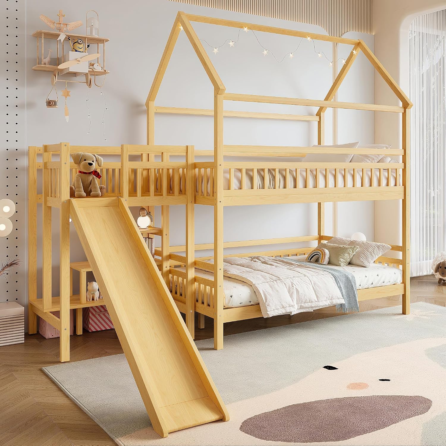 Bunk Bed With Stairs And Slide - Vollständiges Etagenbett mit Spielhaus-Design-Dach, Haus-Etagenbetten mit