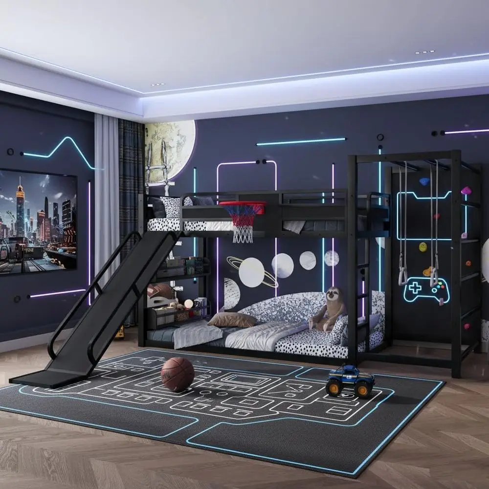 Bunk Bed With Stairs And Slide - Zwillings-Metall-Etagenbett mit Basketballkorb, Treppe, Rutsche, Klimmzugringen,