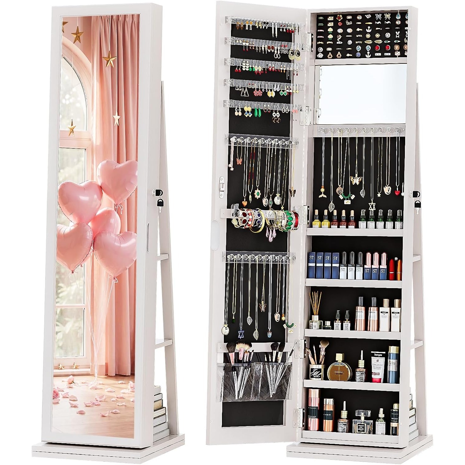Full Length Mirror Jewelry Armoire - 4-in-1 Schmuckschrank, abschließbarer Schmuckschrank, weiß |