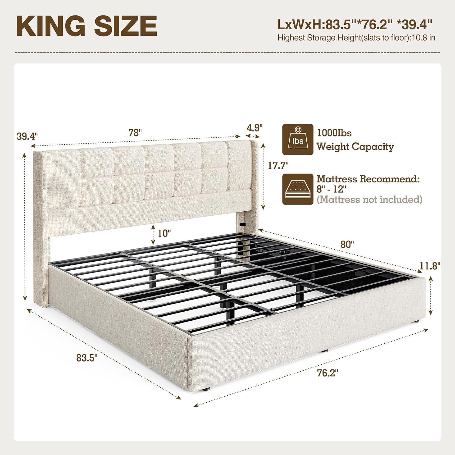 Leinenbezogener Kingsize-Bettr – Gas Lift Storage Bed Hydraulic Bewertung und Preis