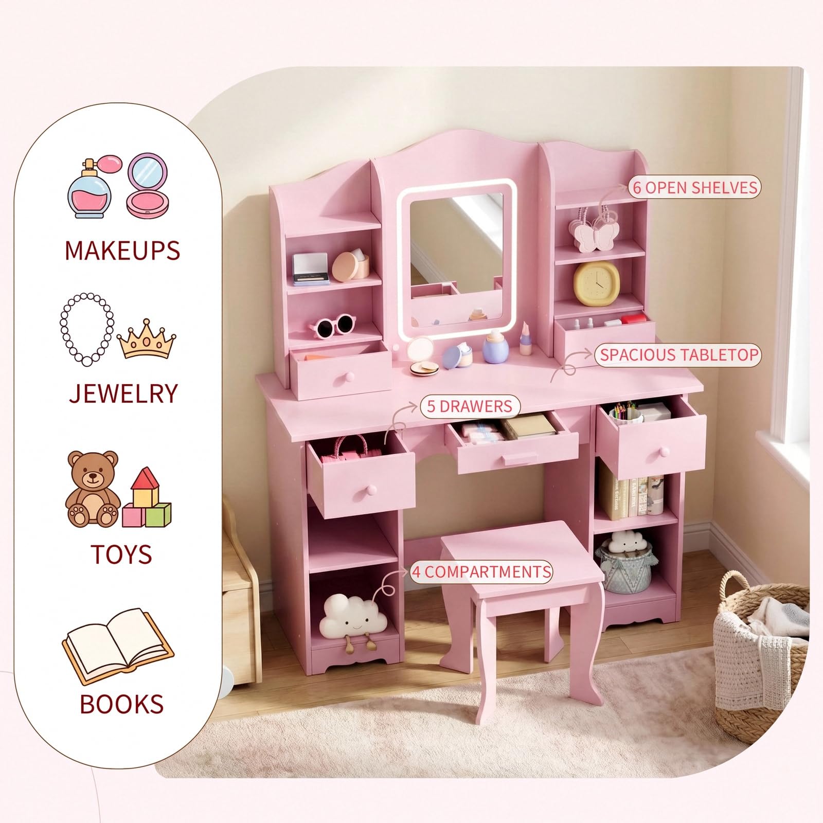 Kinder-Schminktisch mit 3-Farb – Dressing Table Vanity With Lighted Mirror Bewertung und Preis