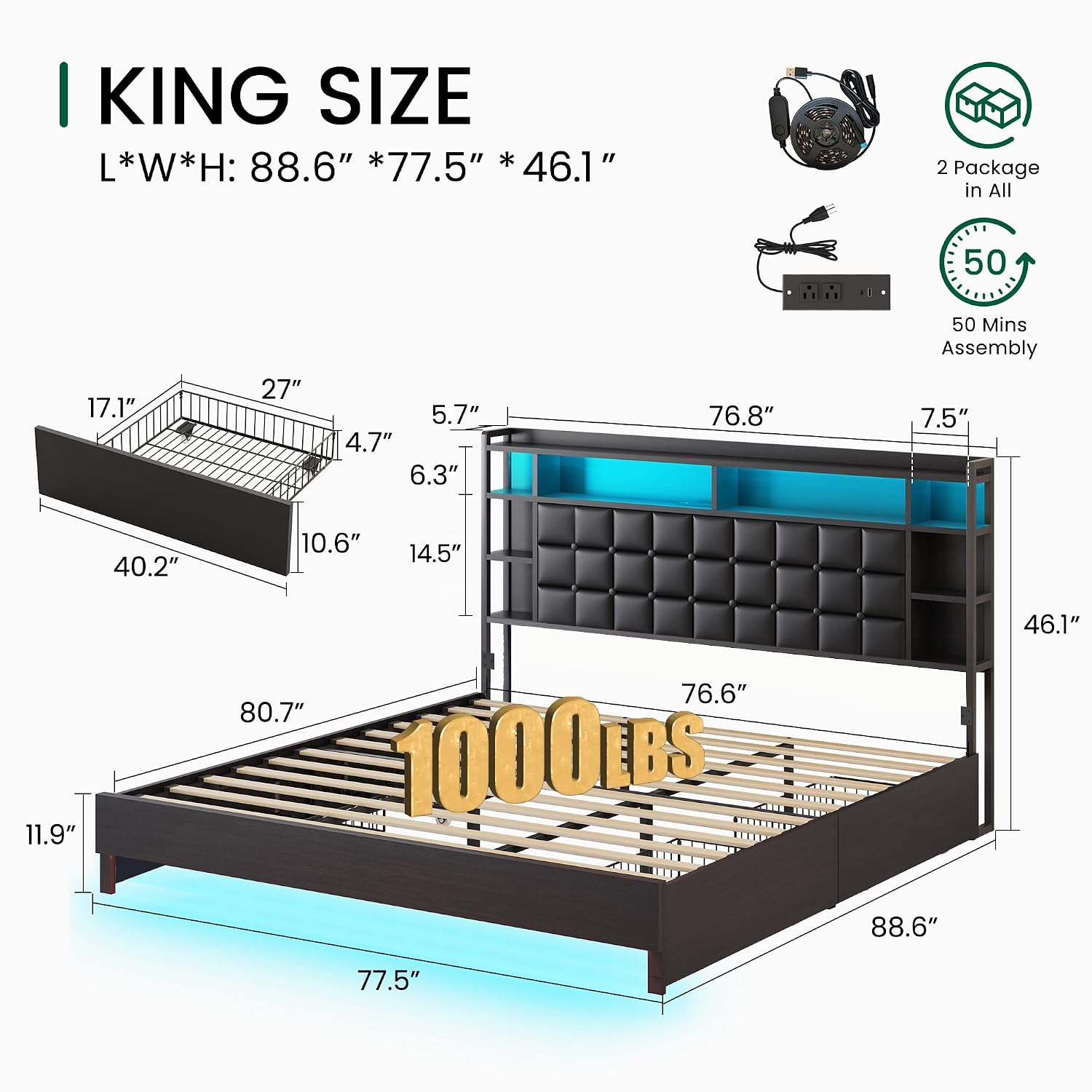 Kingsize-Holzbettgestell mit S – King Size Bed Frame With Storage Drawers Bewertung und Preis
