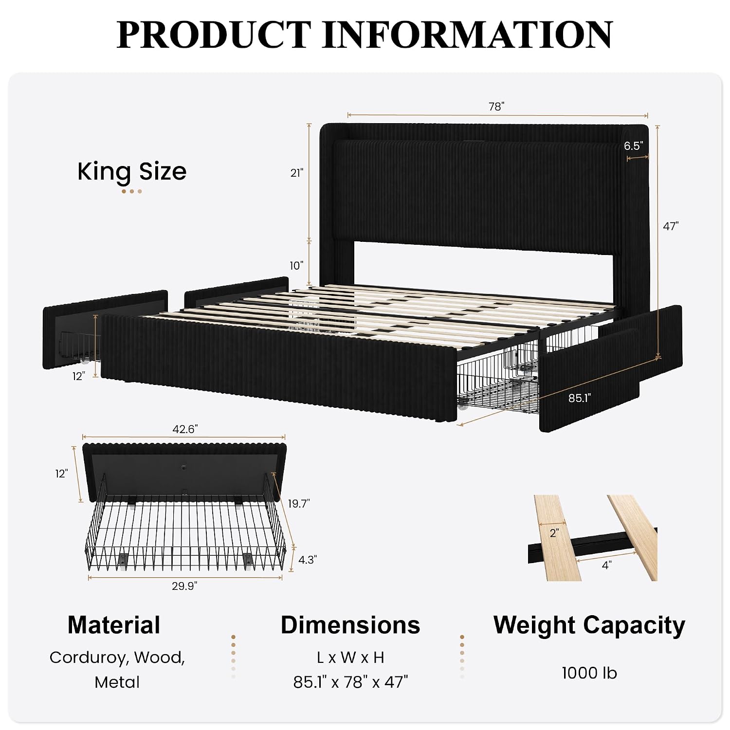 Kingsize-Bettgestell mit 4 Übe – King Size Bed Frame With Storage Drawers Bewertung und Preis