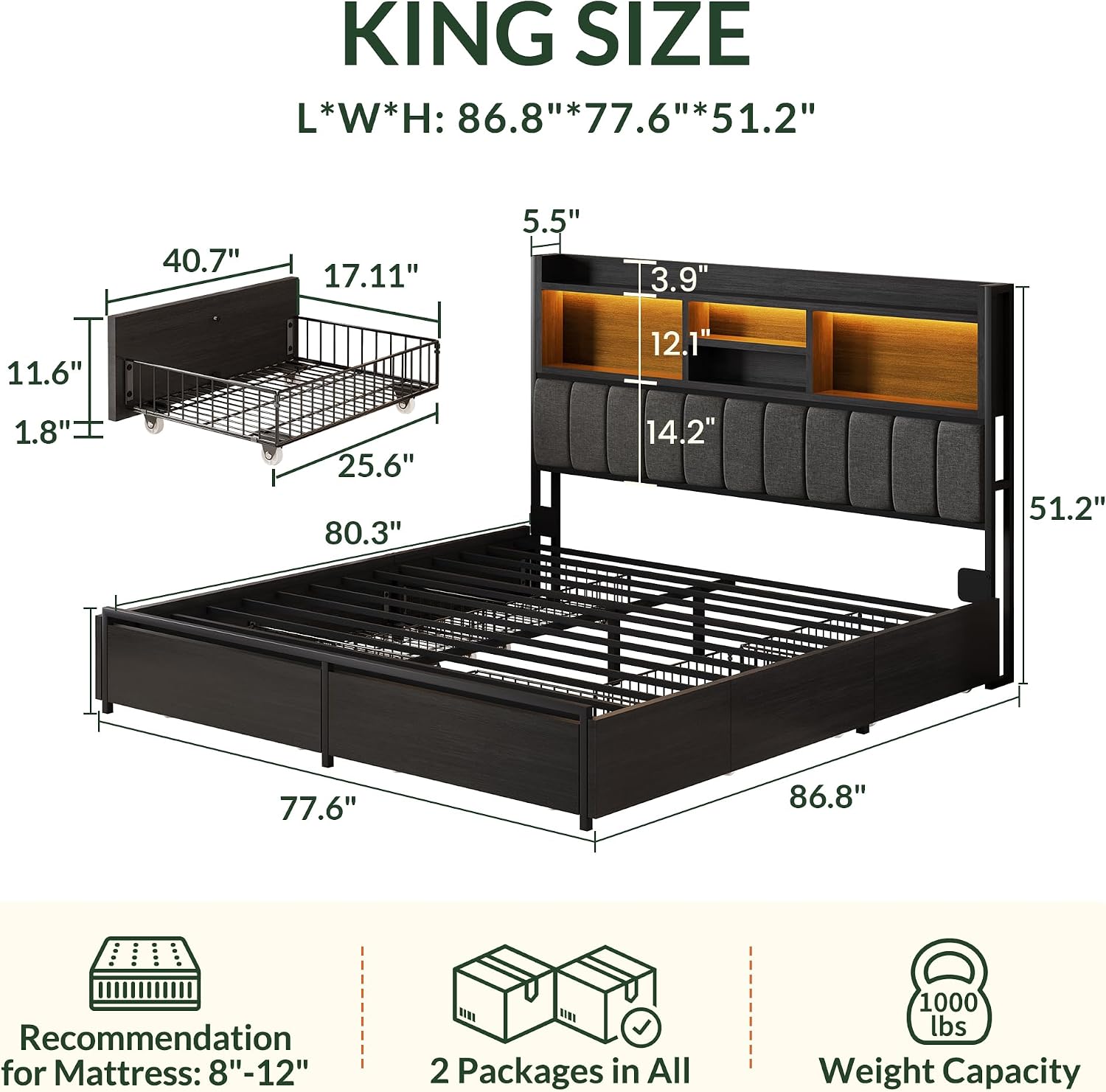 Kingsize-Bettgestell mit 6 Auf – King Size Bed Frame With Storage Drawers Bewertung und Preis