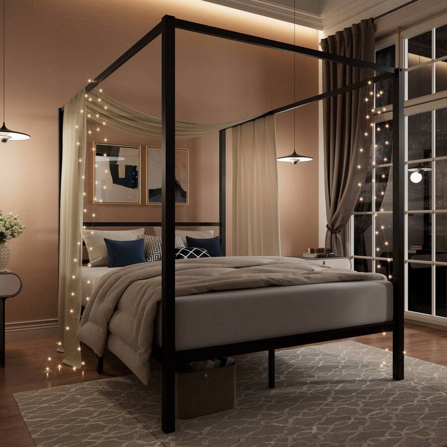 Schwarzes Himmelbettgestell, F – Canopy Bed Frame Metal Queen Bewertung und Preis