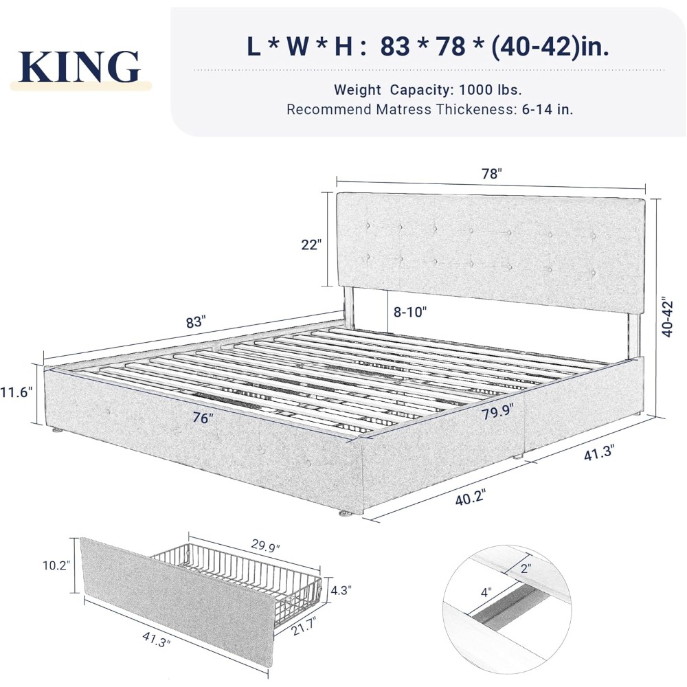 US-Versand Kingsize-Plattformb – King Size Bed Frame With Storage Drawers Bewertung und Preis